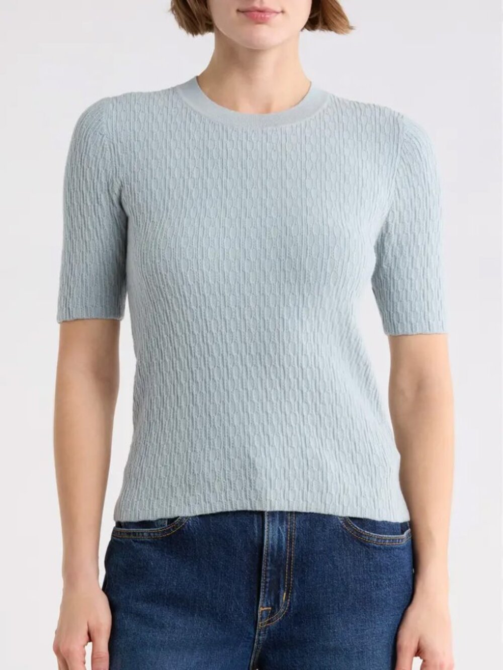 Rag & Bone Tam Short Sleeve Sweater Top M Textured Knit Blue Fog $198 Minimalist
